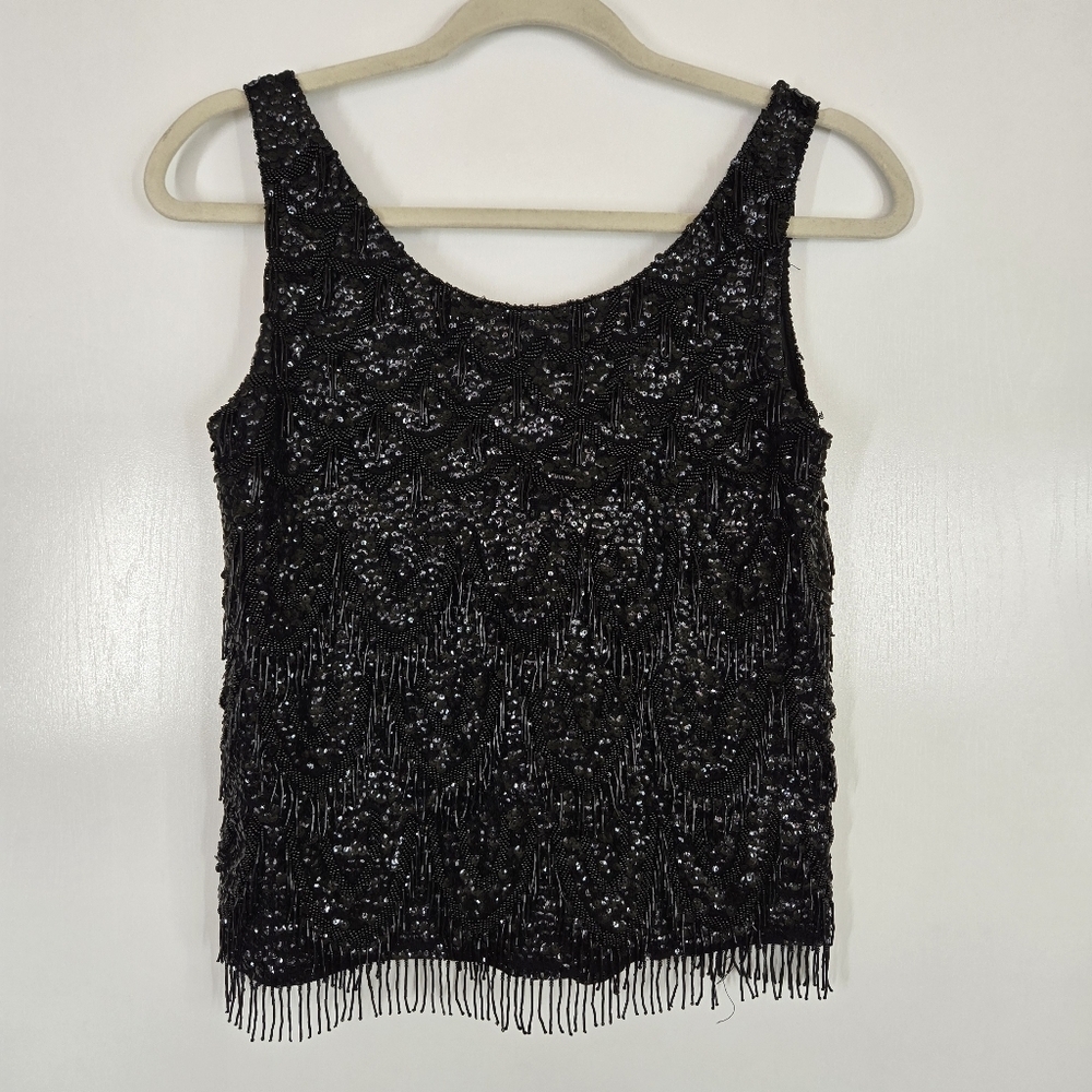 VTG 60s Heavy Beaded & Sequin Scoop Neck Glam Rock Women's Small Lambs Wool Silk